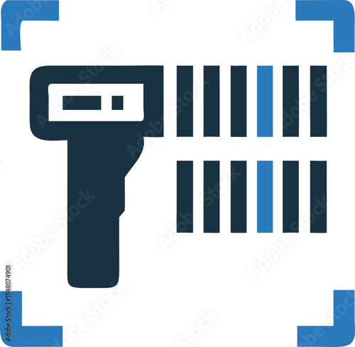 Barcode Scanner Icon with Blue Frame, Scanning Data Symbol, Isolated on White. 86 characters
