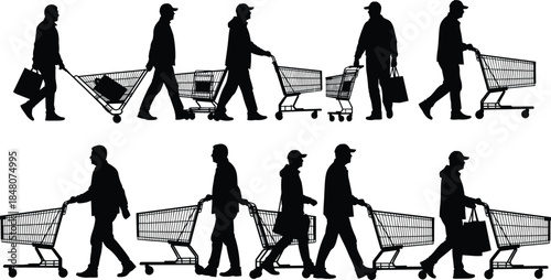 Shopping cart silhouettes showing supermarket shoppers walking with trolleys, illustrating retail consumer behavior, grocery purchases and modern urban lifestyle concepts