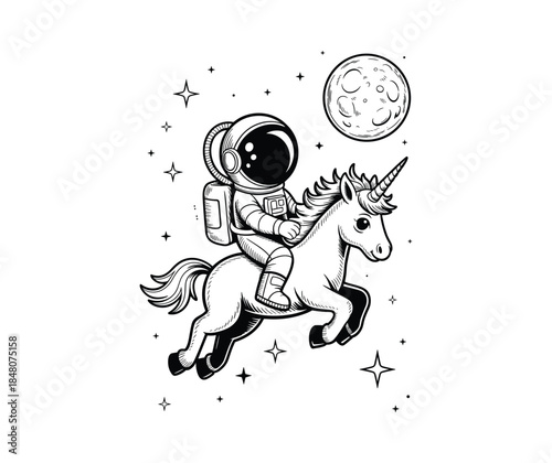 Astronaut riding a unicorn in space with moon and stars.