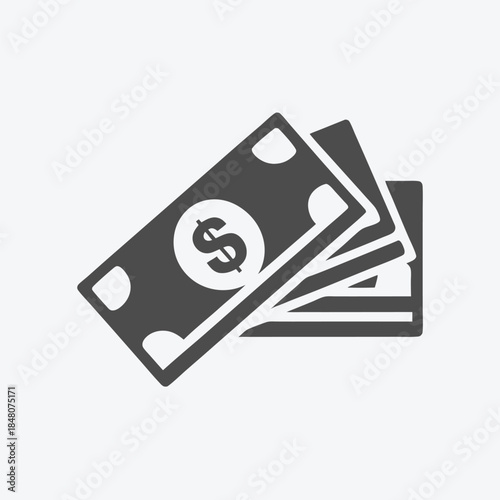 Black and white dollar bill. Stacked currency with dollar signs. Banknote symbol