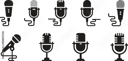 A comprehensive collection of various black silhouette microphone icons for audio recording and broadcast communication design