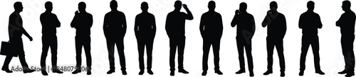 Businessmen standing, walking, thinking, and talking on phone, professional male silhouettes, office worker poses, corporate team concept, isolated black vector illustration.