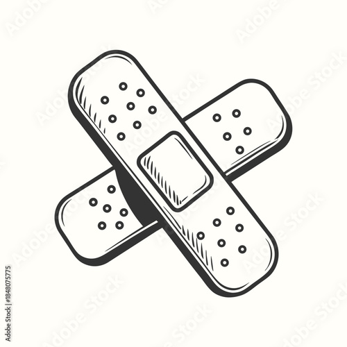 Cross Bandages Sketch Two Medical Plasters, Black Outline on Beige, First Aid Icon