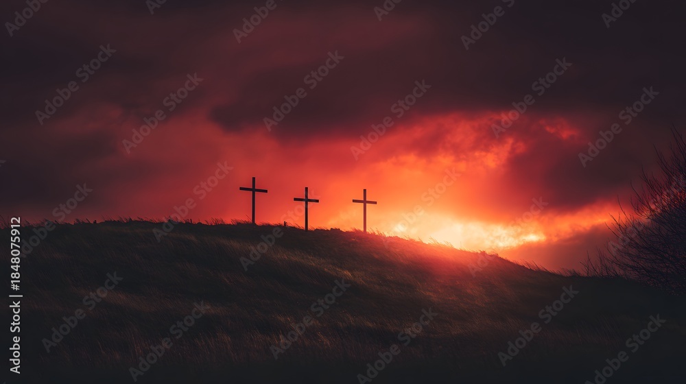 Obraz premium Silhouettes of three upright structures appear atop a grassy mound against a vivid crimson sky at sunset