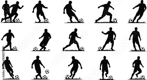 Soccer player silhouettes dribbling football in various action poses, showcasing sport movement, training skills, and athletic gameplay illustration set