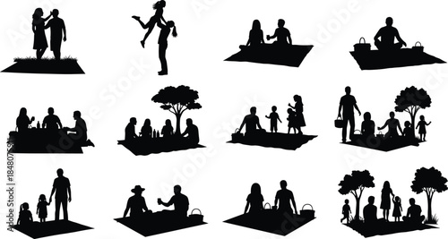 Silhouette collection of families and couples enjoying outdoor picnic moments, love, bonding, parenting, leisure activities, and nature together