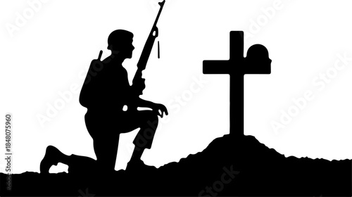 Fallen Soldier Memorial Silhouette SVG – Kneeling Soldier with Rifle and Cross, Military Tribute Cut File