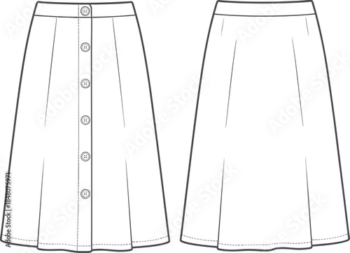 Button front skirt flat sketch, A-line midi skirt design, fashion cad vector, stylish skirt technical drawing, fashion template