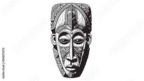 Intricate Black and White Tribal Mask Illustration for Cultural Heritage.