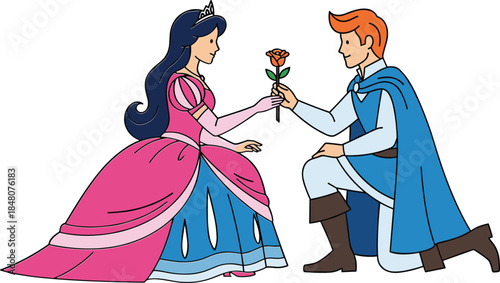 Romantic fairy-tale scene of a kneeling prince offering a rose to a princess in a beautiful gown, expressing love and fantasy royalty