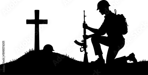 Fallen Soldier Memorial Silhouette SVG – Kneeling Soldier with Rifle and Cross, Military Tribute Cut File