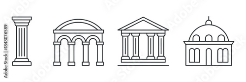 a minimalist illustration depicts four distinct classical architectural elements showcasing iconic columns arches pediments and a domed structure in delicate line work