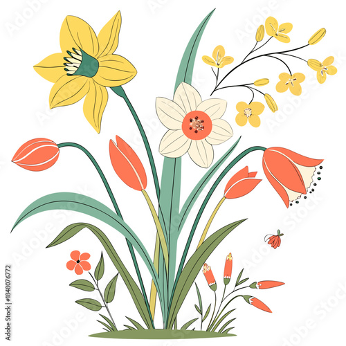 Spring flowers arrangement with yellow daffodil and tulips