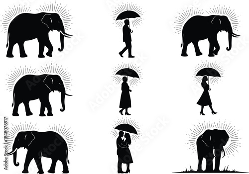 Surreal silhouette collection of elephants and people under umbrellas with radiant light, symbolizing protection, harmony, love, and poetic nature concepts