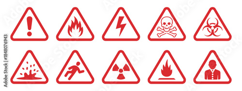 a collection of red triangular warning signs depicting various hazards like exclamation fire electricity skull biohazard and falling objects high quality