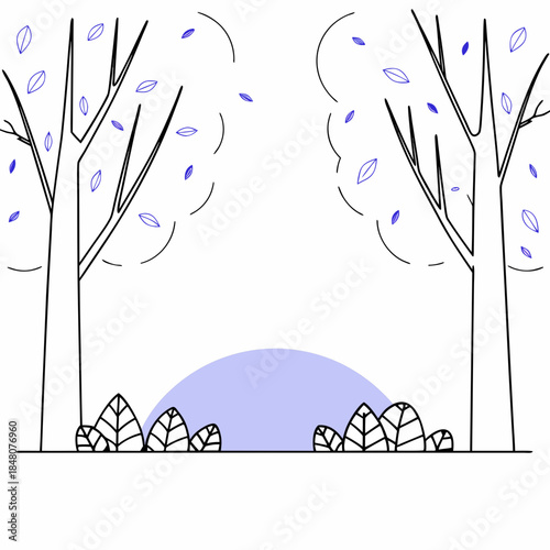 Bare trees with falling leaves and sunset purple sun