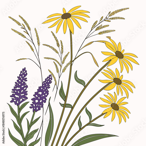 Yellow and purple wildflowers with green leaves and wheat