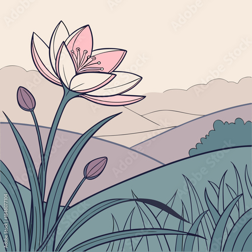 Pink flower in front of rolling hills and grass white