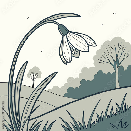 Snowdrop flower in a landscape with trees and grass