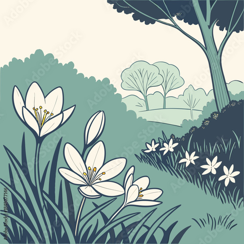 White flowers in a green landscape with trees nature