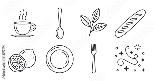 a simple black and white sketch depicts various dining elements including a cup lemon plate baguette and cutlery all arranged neatly