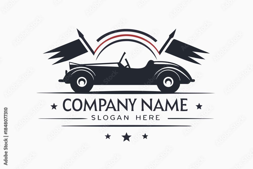 Obraz premium Classic Car Silhouette with Flags and Arches, Minimalist Design, Automotive Theme