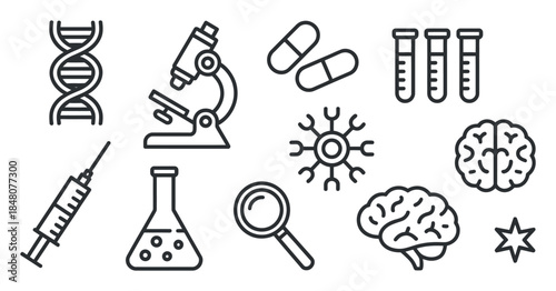 a collection of scientific elements including a microscope dna strand pills test tubes and brain illustrations in a simple line art style