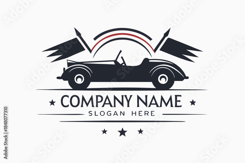 Classic Car Silhouette with Flags and Arches, Minimalist Design, Automotive Theme