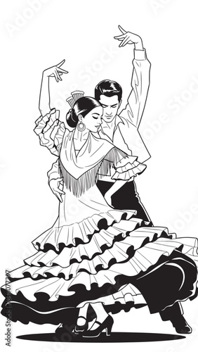Couple Dancing Flamenco in Traditional Ruffled Dresses.