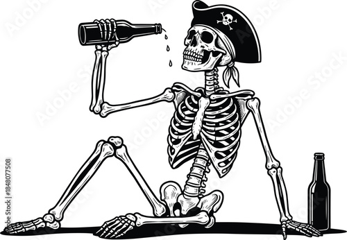 Hand Drawn Vector Illustration of a Drunk Pirate Skeleton Drinking Rum from a Bottle Isolated on White Background for Tattoo Design