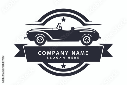 Retro Car Silhouette with Ribbon, Stars Black and White, Classic Vehicle