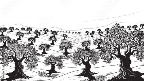 Monochrome woodland landscape with evenly spaced trees in rolling hills.