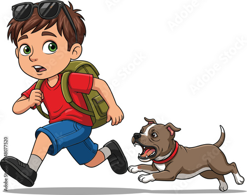 Scared Young Boy Running Away from an Aggressive Brown Pitbull Dog Chasing Him, Illustrating Danger, Fear, and Animal Attack Risk.