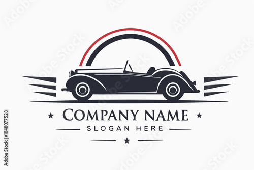 Classic Car Silhouette with Wings, Red & Black Arc, Automotive Emblem Design
