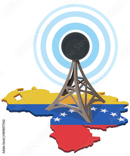 A broadcast antenna on a map of Venezuela with national flag colors (Yellow, Blue, Red). Blue signal circles represent communication. (cut out)