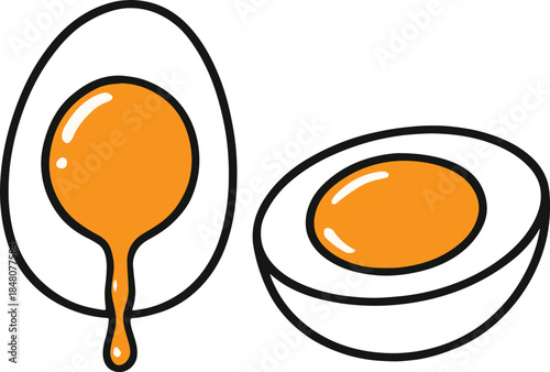 Hard-boiled egg halves with runny yolk, simple flat line-art vector illustration