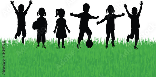 Happy children silhouette playing together on green grass meadow, joyful childhood concept, teamwork, freedom, outdoor summer fun activity background illustration