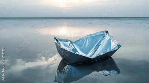 A partially filled large collapsible water bladder rests on a calm, reflective water surface outdoors