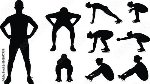 Fitness exercise silhouettes showing bodyweight workout poses, strength and cardio training routine, athletic movement sequence on white background