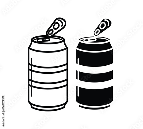 A simple black and white illustration depicts two opened soda cans one slightly taller and thinner than the other against a blank background