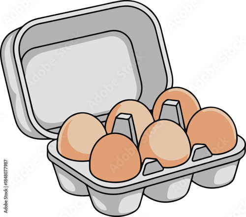 Open egg carton with six brown eggs, minimalist flat vector illustration
