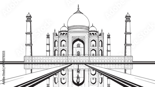Silhouette of the Taj Mahal with reflecting pool, domed mausoleum, and minarets along a tranquil waterfront.