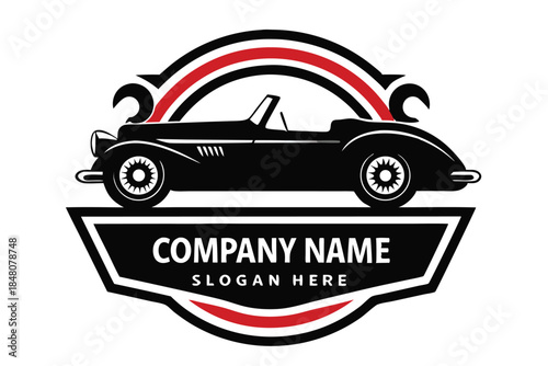 Classic Black Car Silhouette Emblem with Red Accents, Vintage Vehicle, Automotive Icon