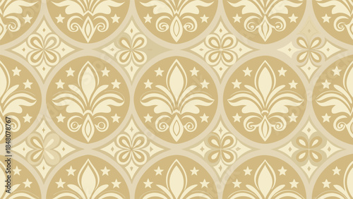 Elegant floral pattern illustration with fleur de lis symbols in circles on a subtle yellow background