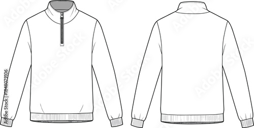 CAD drawing flat vector illustration of casual pullover sweatshirt front and back view, technical fashion sketch apparel design template