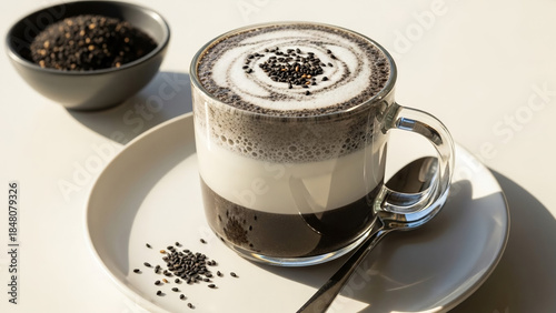 Close-up of a gourmet black sesame latte with foam art, garnished with seeds, served in a clear mug on a saucer with a spoon