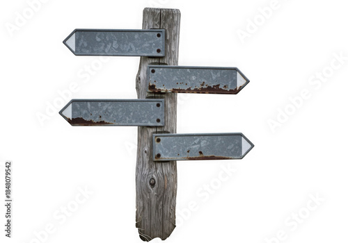 Rustic Direction Signpost with Blank Metal Arrows Isolated on Black