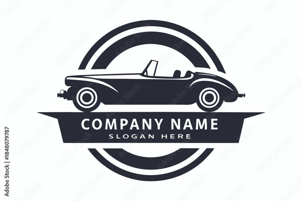 Obraz premium Dark Classic Car Silhouette Badge Vintage Vehicle Icon with Curved Lines Element Design