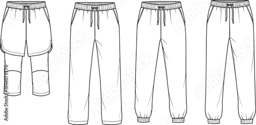 CAD drawing flat vector illustration of men’s jogger pants and capri set front view, technical casual sportswear fashion template