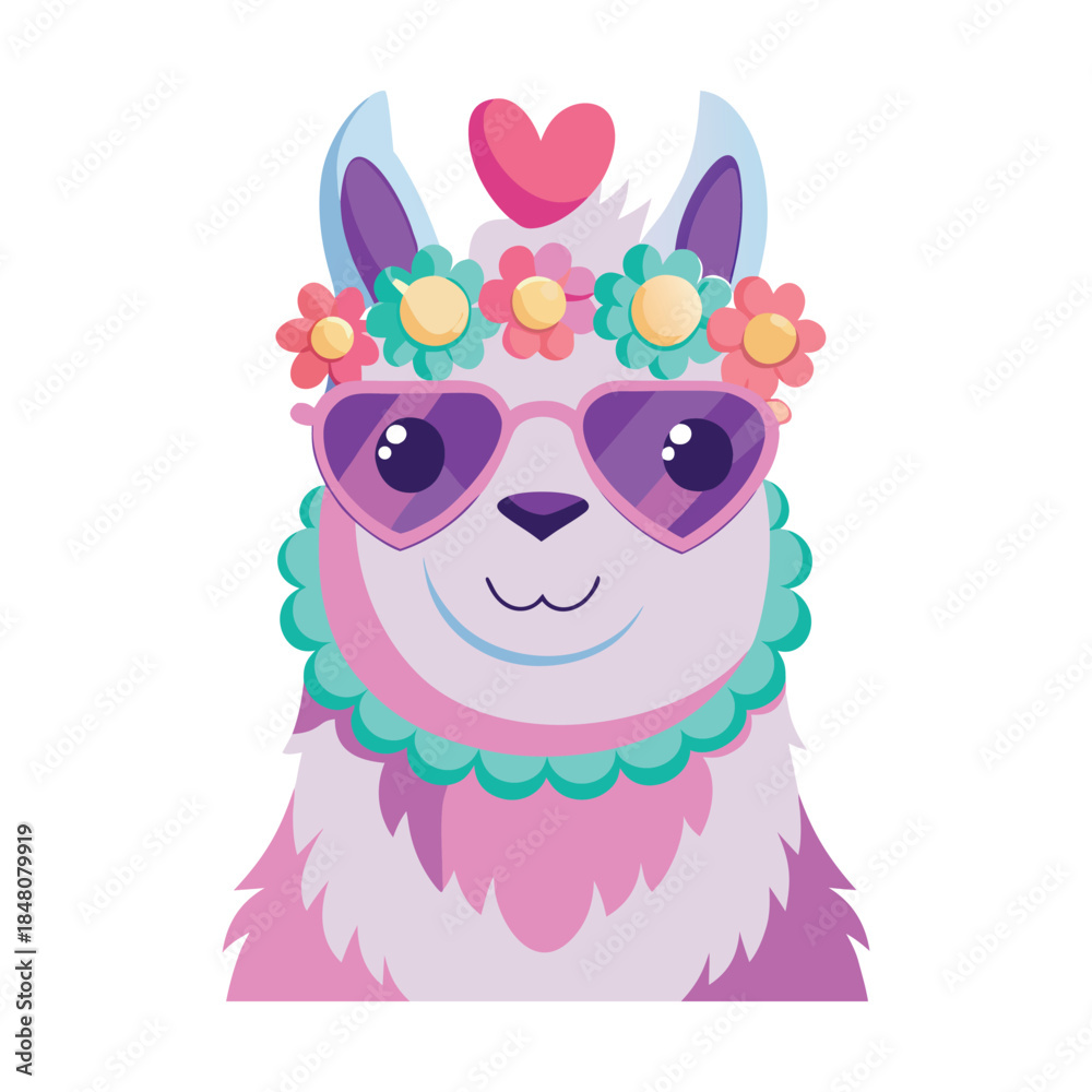 Obraz premium Pink Llama with Flower Crown and Heart Sunglasses on White Background alpaca animal
